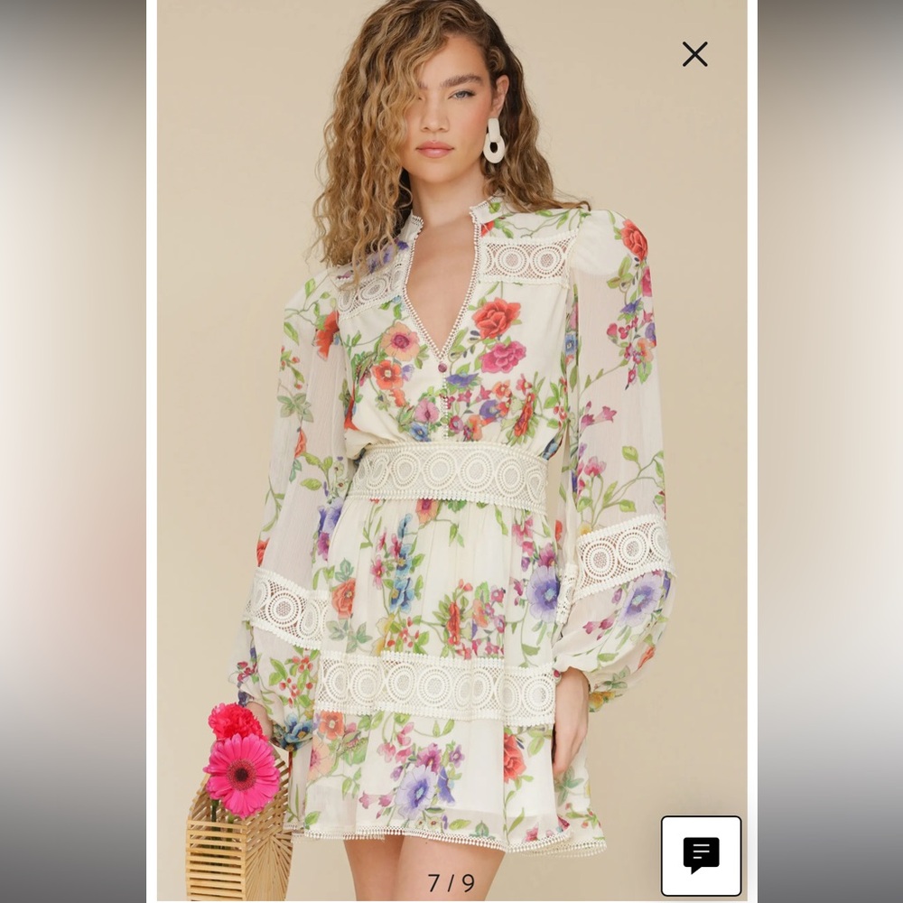 Avec Les Filles Women's Floral Lace-Trim Chiffon Dress NWT